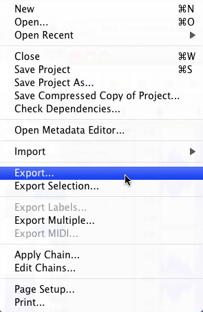 Export menu in Audacity