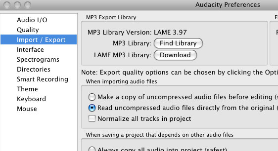Preferences in Audacity for LAME install