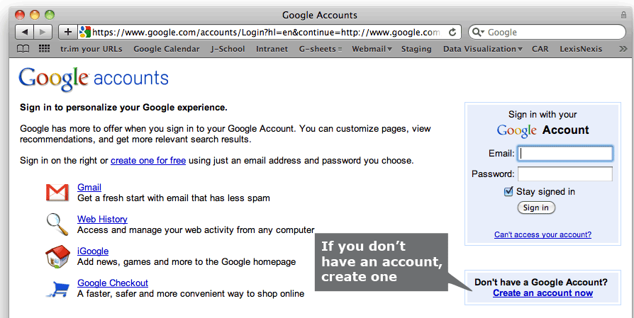 Screen shot of how to log into Google Accounts