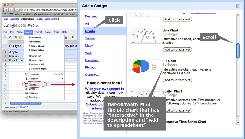 How to insert a Google Gadget into a spreadsheet