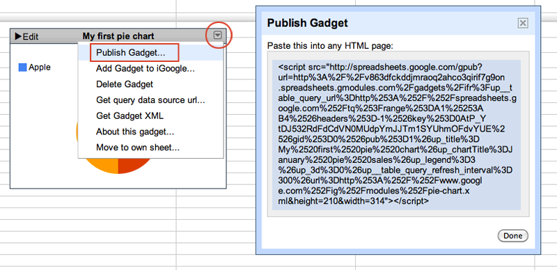 Generate embed code for a Google Gadget pie chart