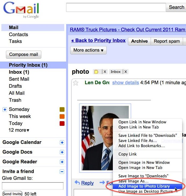 gmail to iPhoto
