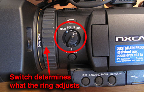Switch determines what the focus ring will adjust on Sony NX70