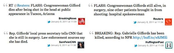 conflicting tweets of giffords shooting