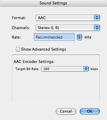 h.264 audio settings