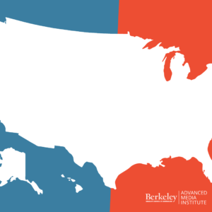 A plain white USA map with the background color divided into blue and red 