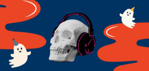 Multimedia Halloween graphic containing animated skull with headphones, cute ghosts with party hats, and blood.