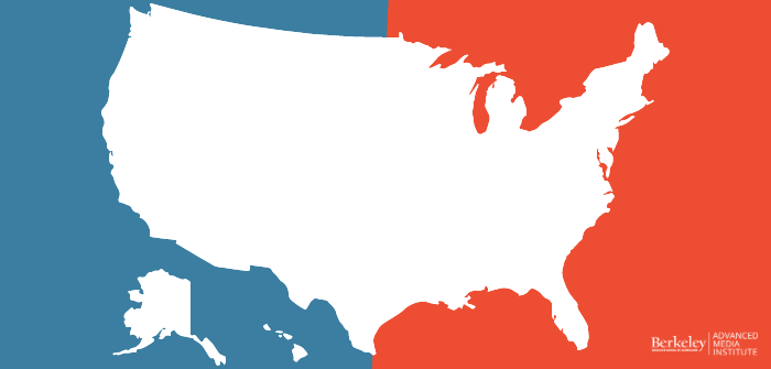 A plain white USA map with the background color divided into blue and red with the Berkeley Advanced Media Institute Logo at the bottom